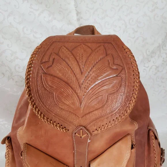 Large Genuine Leather Hand Tooled Backpack.  Handmade. Quality Craftsmanship - Picture 3 of 13